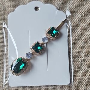 New Emerald Green Gem Hair Clip With Rhinestones - Bobby Pin Style